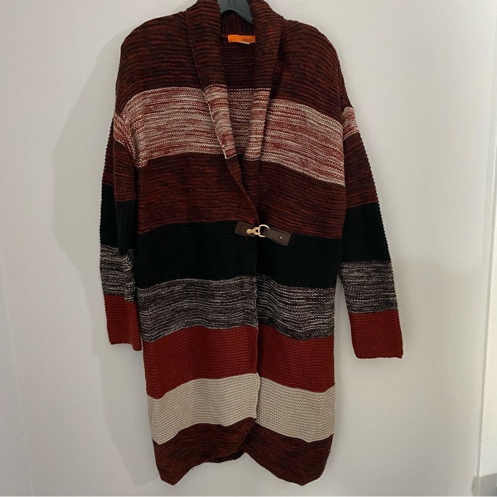 One A Women’s Long Sleeve Color Block Boho Duster Cardigan with Buckle Closing M